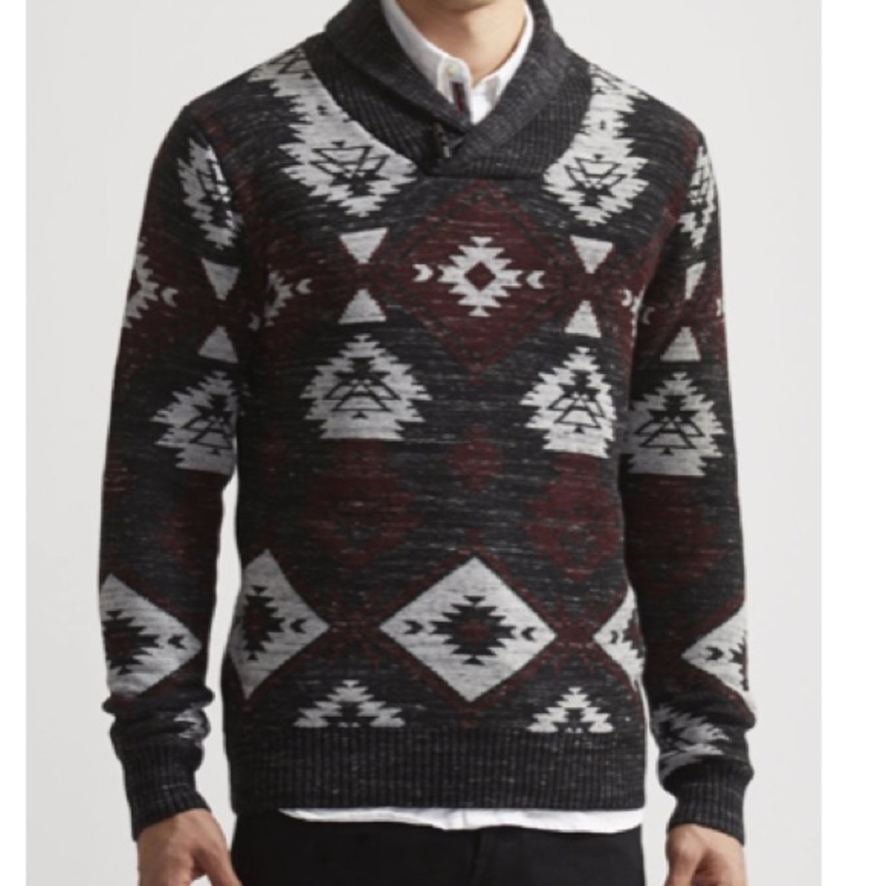 Mens TRASH NOUVEAU Aztec Tribal Black Gray Burgundy Toggle Shawl Neck Sweater M